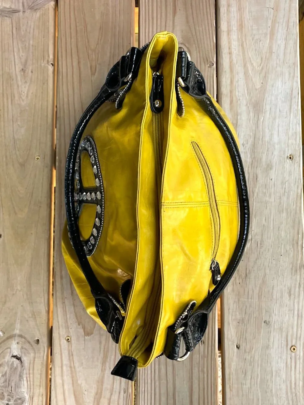 Y2K Boho Yellow Peace Sign Rhinestone Hobo Bag Festival Statement Purse